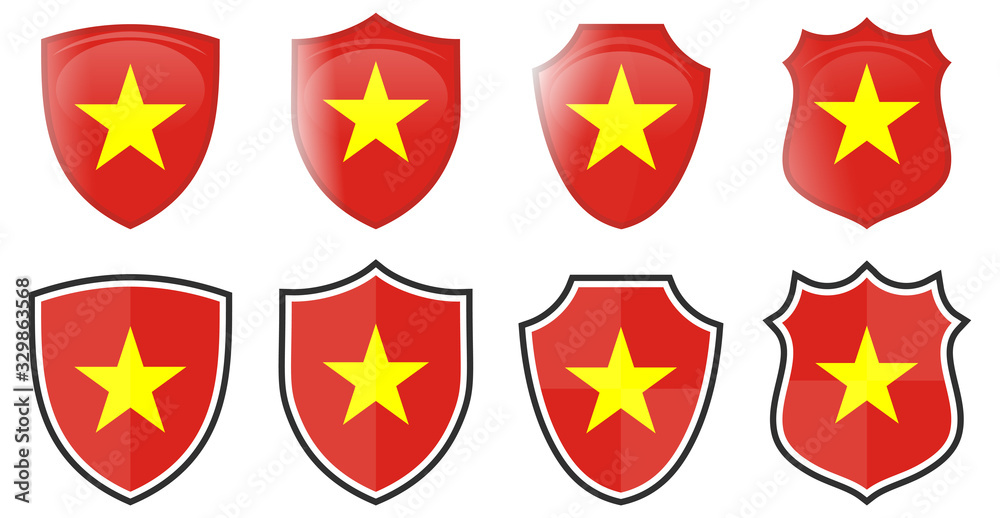 Vertical Vietnam flag in shield shape, four 3d and simple versions. Vietnamese icon / sign Vertical Vietnam flag in shield shape, four 3d and simple versions. Vietnamese icon / sign