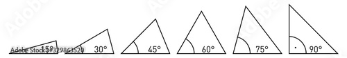 Various acute angles in triangle corners - values from 15 to 90 degrees