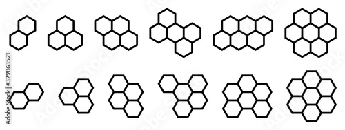 Set of shapes made from hexagonal or honeycomb six sided polygon