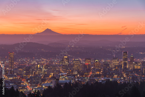 Portland Oregon and Mt Hood sunrise 