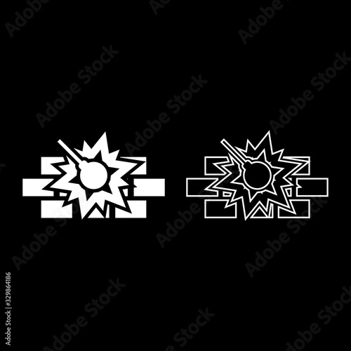 Working demolish machine on building construction Destroying brick wall with metal ball Wrecking house home concepting icon outline set white color vector illustration flat style image