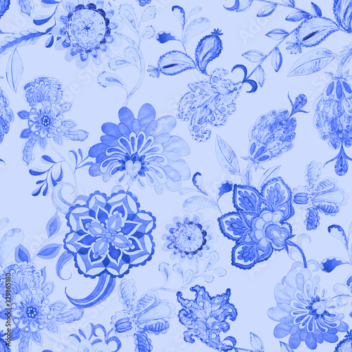 Watercolor seamless pattern with flowers  and leaves in ethnic style. Floral decoration. Traditional paisley pattern. Textile design texture.Tribal ethnic vintage seamless pattern. 