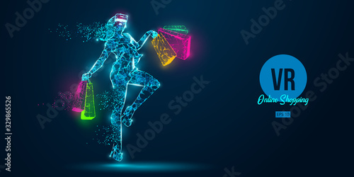 VR online shopping. Polygonal woman, girl wearing virtual reality glasses. Beautiful happy woman is jumping with a shopping bags, buy a goods in one click. VR headset holographic wireframe vector