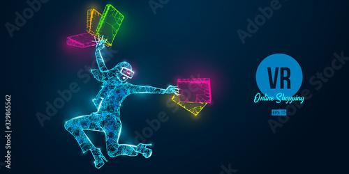 VR online shopping. Polygonal woman, girl wearing virtual reality glasses. Beautiful happy woman is jumping with a shopping bags, buy a goods in one click. VR headset holographic wireframe vector