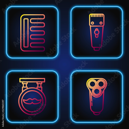 Set line Electric razor blade for men, Barbershop, Hairbrush and Electrical hair clipper or shaver. Gradient color icons. Vector