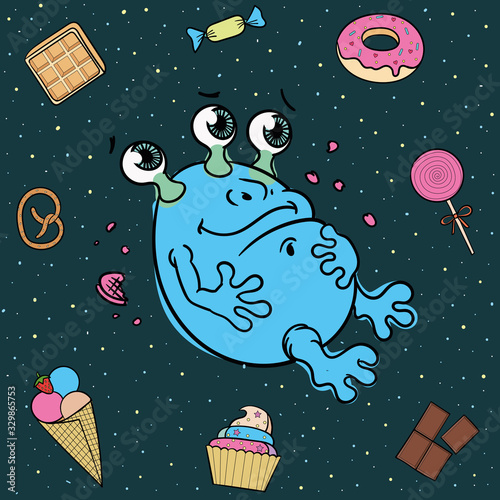 cartoon illustration of a cute alien glutton surrounded by sweets