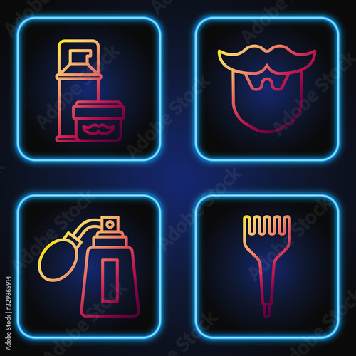 Set line Hairbrush, Aftershave bottle with atomizer, Shaving gel foam and Mustache and beard. Gradient color icons. Vector
