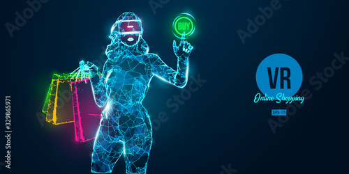 VR online shopping. Polygonal woman, girl wearing virtual reality glasses. Beautiful happy and stylish woman with a shopping bags, buy a goods in one click. VR headset holographic wireframe vector