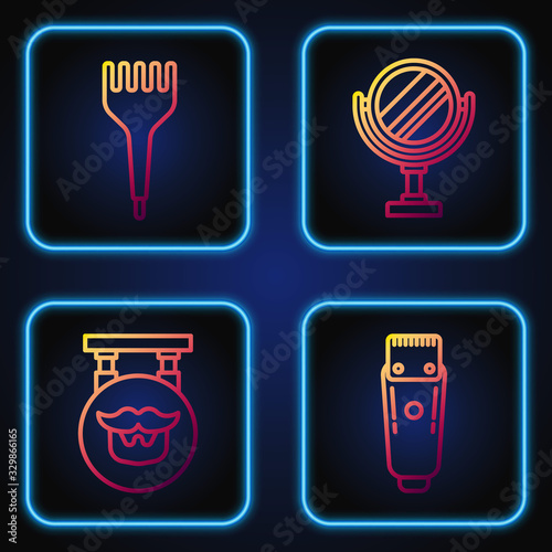Set line Electrical hair clipper or shaver, Barbershop, Hairbrush and Round makeup mirror. Gradient color icons. Vector
