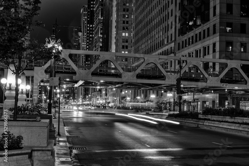 Chicago  night traffic between bridges and skyscrapers