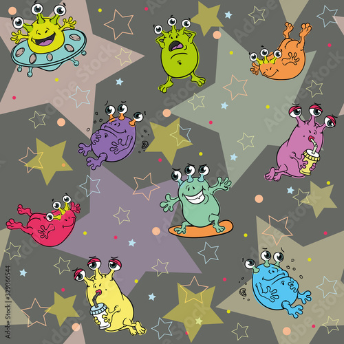 color Seamless pattern with space, stars and aliens