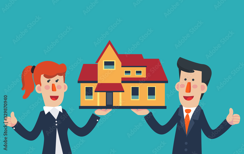 Young man and woman dreams about house. Saving and investing money concept. Future financial planning concept Young man and woman dreams about house. Saving and investing money concept. Future financial planning concept