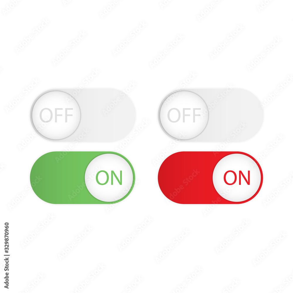 Gray Off green and red On radio switch button with shadows on a white background. Elements templates for website design. Gray Off green and red On radio switch button with shadows on a white background. Elements templates for website design.
