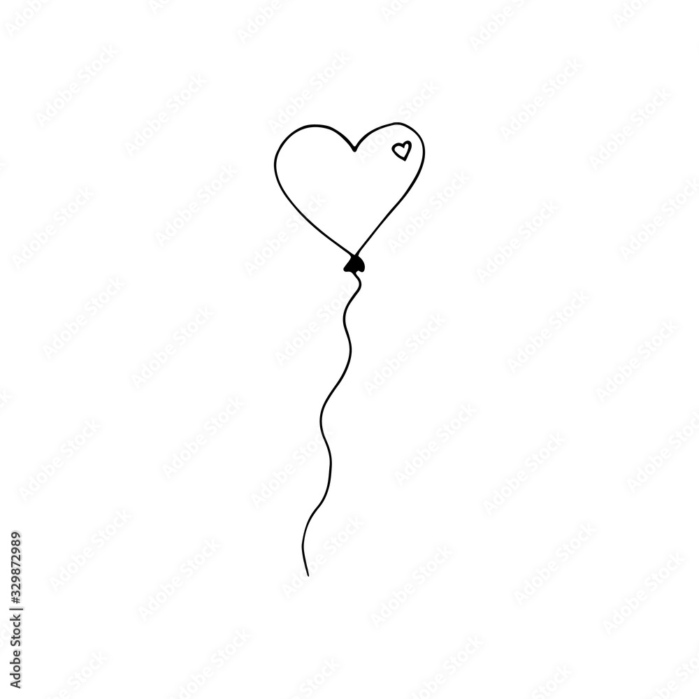 Simple doodle vector air balloon heart for valentine's day cards, posters, wrapping and design. Hand drawn heart, isolated on white backdrop. Geometric shape, symbol Valentine's Day illustration.