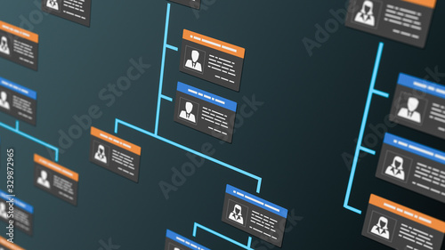 company organization chart with employee badges (3d render)