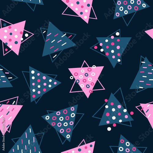 Seamless pattern. Triangles decorated with elements of dots and lines. Abstract harmonious background, pink and dark blue colors.
