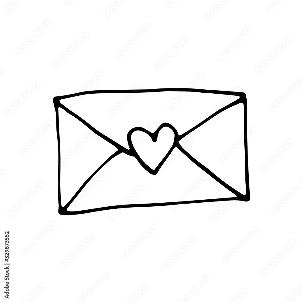 Cute doodle love letter, envelope with heart icons. Hand drawn vector illustration. Sweet element for greeting cards, posters, stickers and seasonal design. Isolated on white background Cute doodle love letter, envelope with heart icons. Hand drawn vector illustration. Sweet element for greeting cards, posters, stickers and seasonal design. Isolated on white background