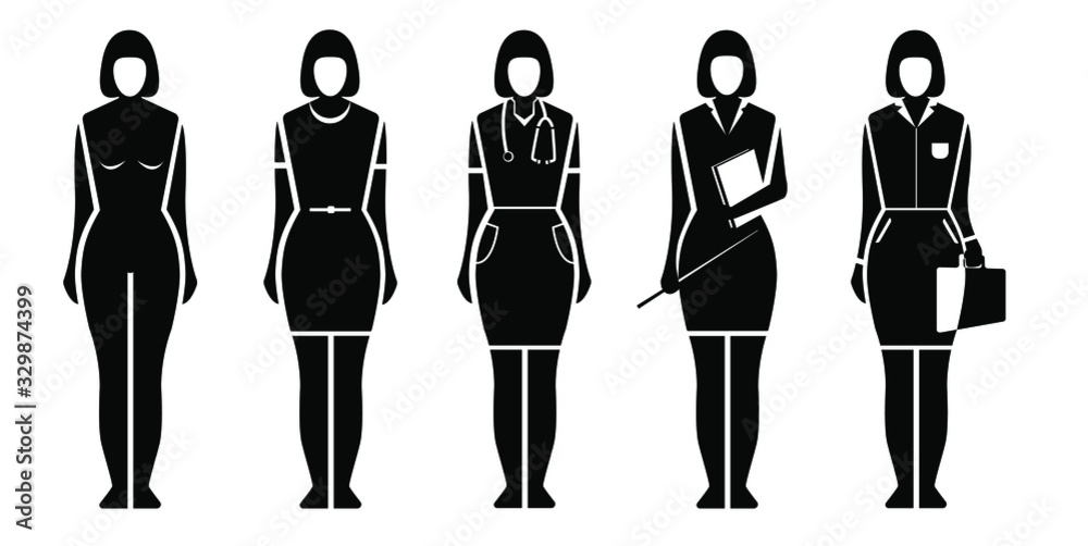 Female silhouettes in full growth. Black icons of female professions on a white background Female silhouettes in full growth. Black icons of female professions on a white background