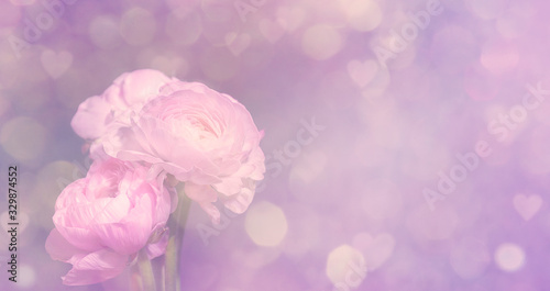 Romantic background with flowers hearts and bokeh free space