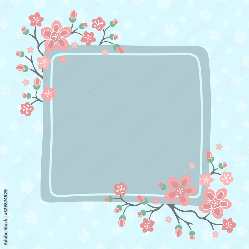 Floral frame with pink sakura flowers on blue background. Vector illustration. Floral frame with pink sakura flowers on blue background. Vector illustration.
