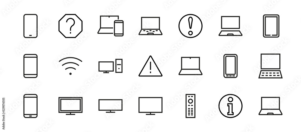 set of smart devices and gadgets, computer hardware and electronics. Electronic device icons for web and mobile vector lines. Editable stroke. 480x480 pixels set of smart devices and gadgets, computer hardware and electronics. Electronic device icons for web and mobile vector lines. Editable stroke. 480x480 pixels