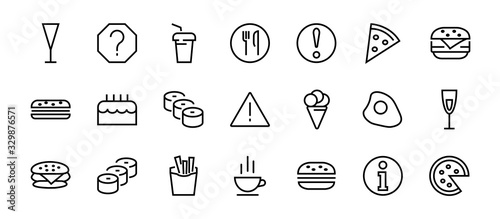   A simple set of fast food icons related to the vector line. Contains icons such as pizza, burger, sushi, bike, scrambled eggs and more. EDITABLE stroke. 480x480 pixels perfect, EPS 10