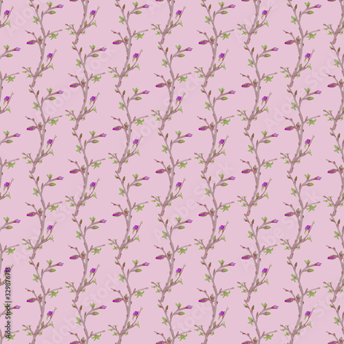 Seamless watercolor floral patterns on a delicate pink background. Hand-drawn tree twigs with buds, small leaves and flowers. Design for wallpaper, packing, textile, fabric, scrapbook, poster, decor