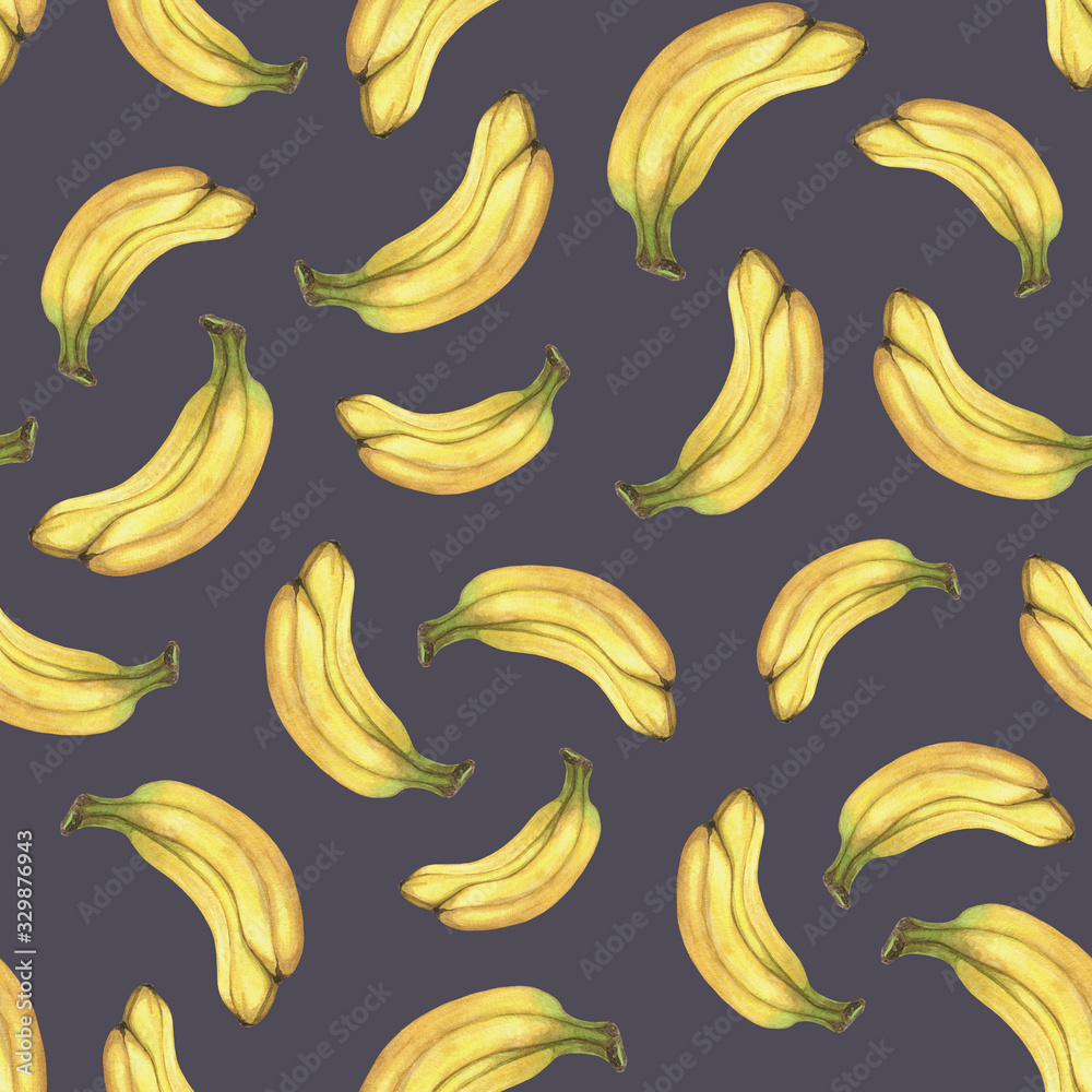 Watercolor bananas seamless pattern. Seamless pattern with watercolor yellow banana on violet background. Summer fruits pattern. Summer watercolor background. Tropical pattern. 