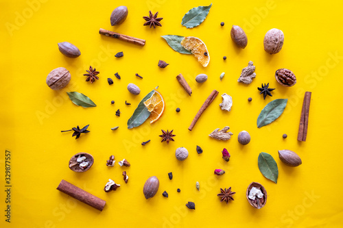 spices on yellow background