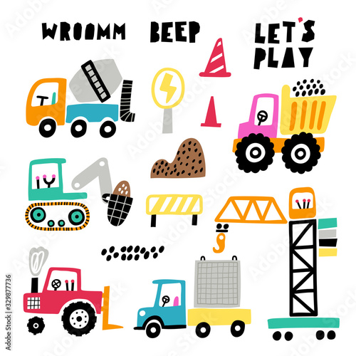 Cute constructions truck set. Doodles construction boy trucks. Toy cars set. Baby style.