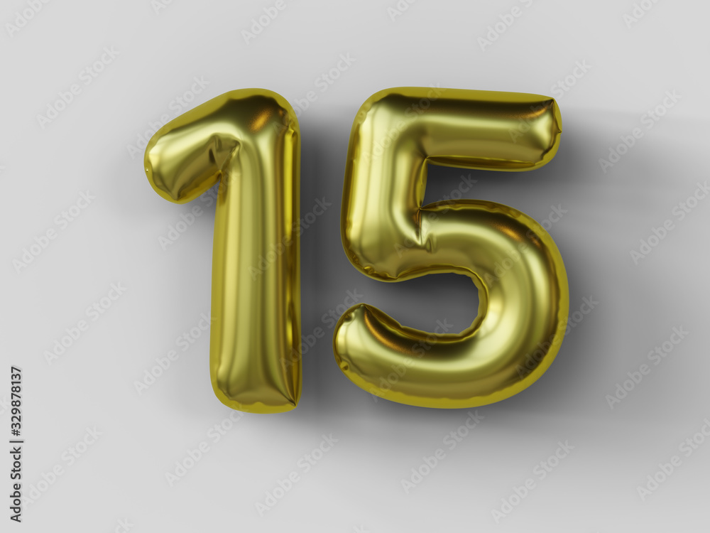 Golden balloon in shape of number 15. isolated. 3d illustration. Golden balloon in shape of number 15. isolated. 3d illustration.