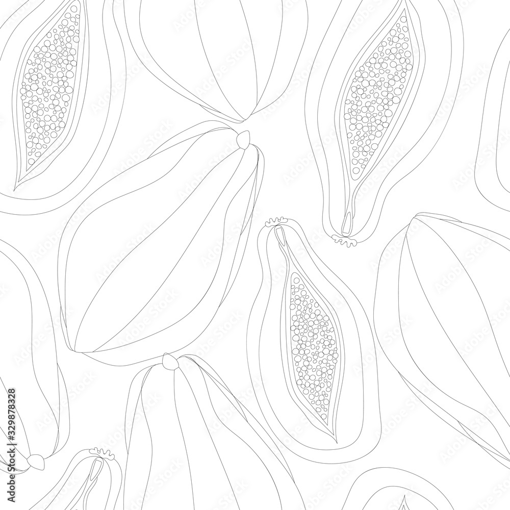 Fototapeta Seamless vector pattern with raw papaya and raw papaya halves isolated on white background. Simple hand drawn fresh exotic fruit - outline.Design for printing on fabrics, festive, packaging.
