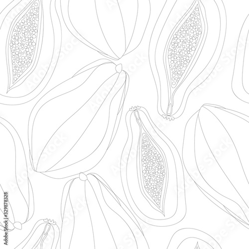Fototapeta Seamless vector pattern with raw papaya and raw papaya halves isolated on white background. Simple hand drawn fresh exotic fruit - outline.Design for printing on fabrics, festive, packaging.