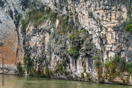 Guilin, China - May 10, 2010: Along Li River. Closeup of gray-brown-black wall of cliff of karst mountain vertically in green water. Some hanging green vegetation and sheets of rock.
