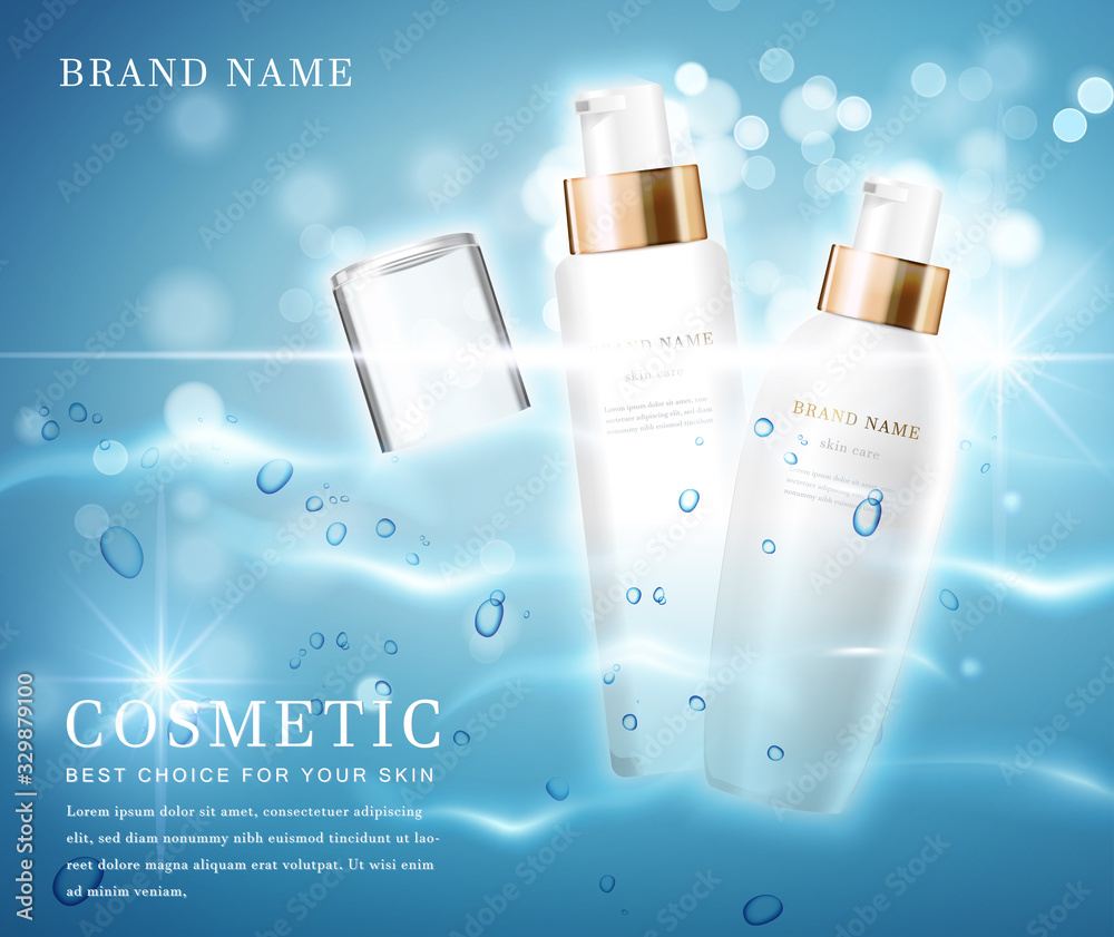 3D elegant cosmetic bottle container with shiny water glimmering background template banner.