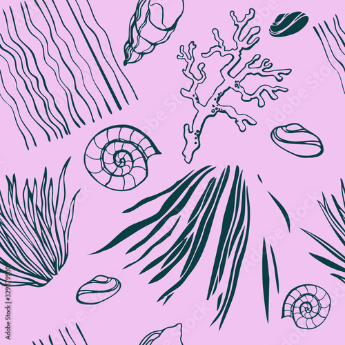 Seamless pattern with seaweed and shells