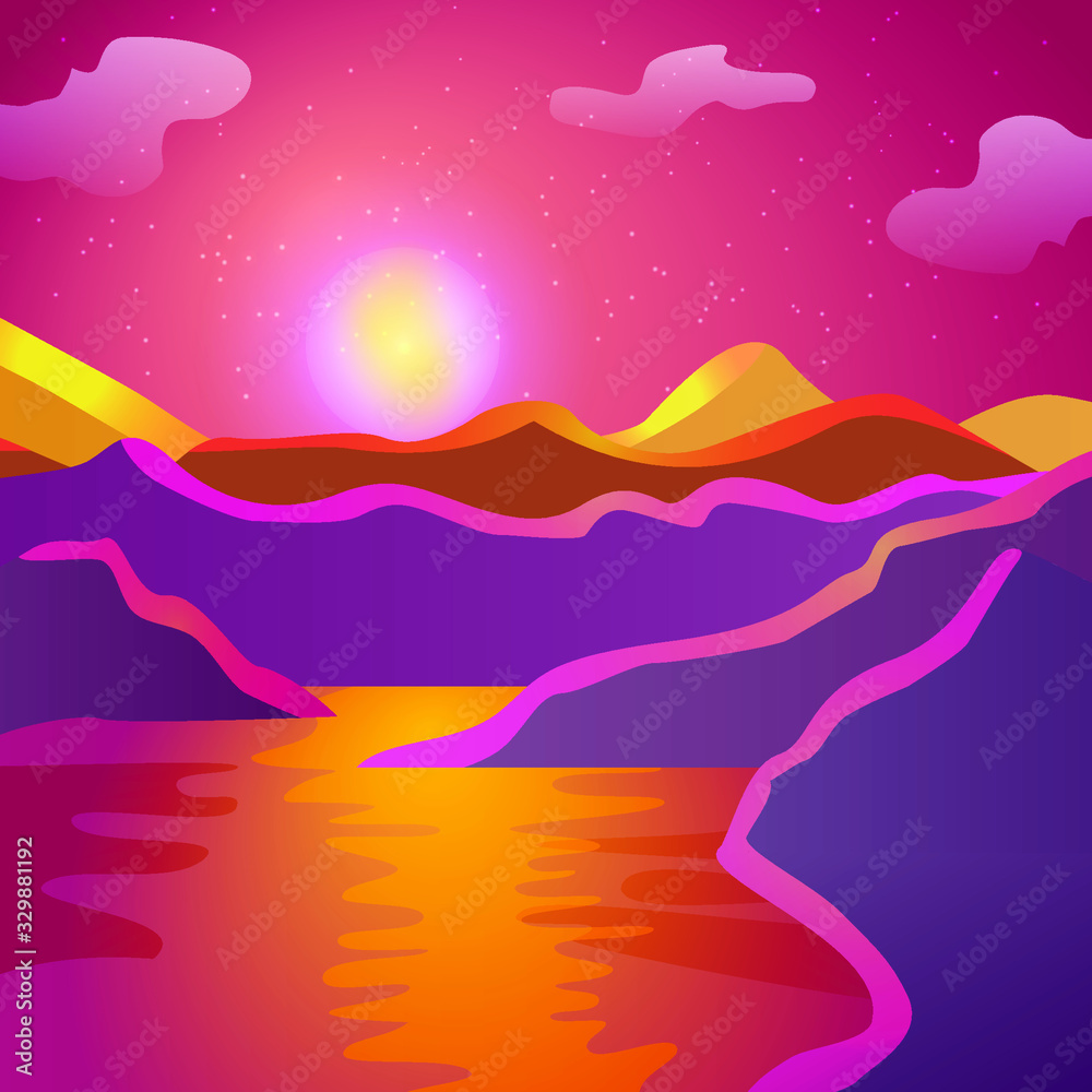 Sunset, sea, mountains, purple tones, travel, camping. Vector illustration, template graphic design Sunset, sea, mountains, purple tones, travel, camping. Vector illustration, template graphic design