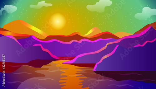 Sunset, sea, mountains, purple tones, travel, camping. Vector illustration, template graphic design