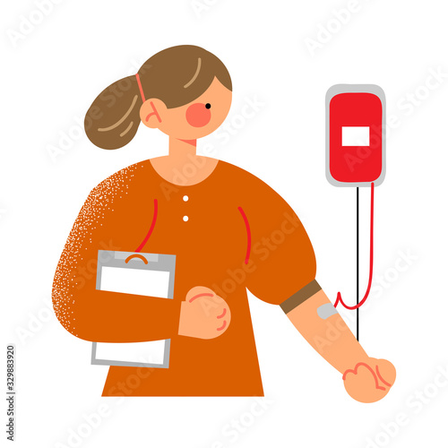 Blood donor and transfusion female character standing with donating bag. Vector illustration in flat cartoon style.