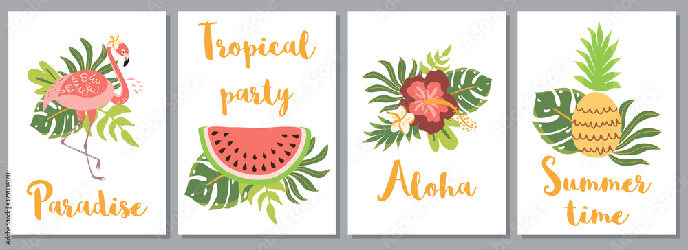 Fototapeta Tropical party invitation printable set. Summer cards, flamingo exotic flowers pineapple watermelon Vector