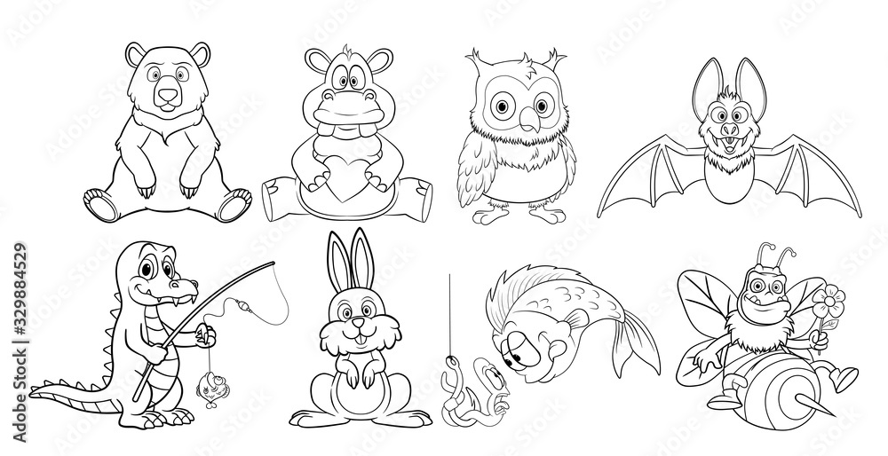 A large collection of animal coloring pages. isolated on white background
