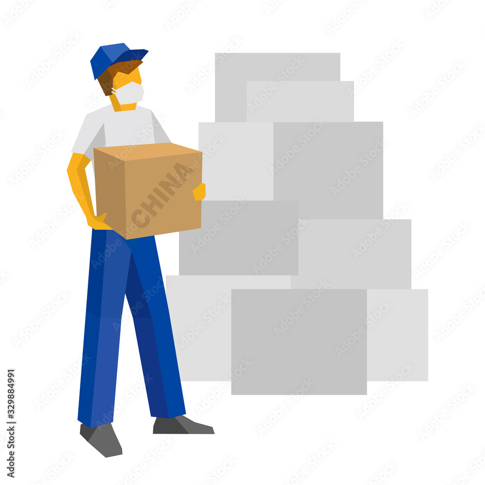 Delivery man in blue uniform and medicine mask holding carton box with word China. Postal courier bring package. Delivery man in blue uniform and medicine mask holding carton box with word China. Postal courier bring package.