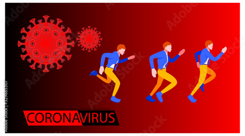 Coronavirus banner for awareness & alert to the spread of disease, symptoms or preventive measures. Corona virus design with people running and background microscopic view of the virus. evacuation.