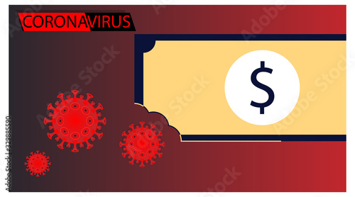 Coronavirus banner for awareness & alert to the spread of disease, symptoms or preventive measures. Corona virus design with a symbol of broken money and a microscopic view of the virus. financial