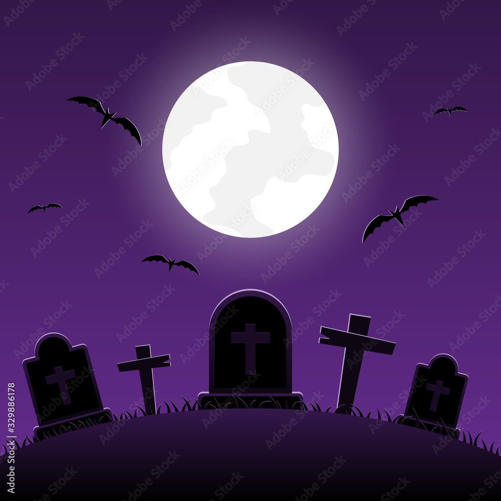 Halloween night, graveyard with cross on moonlight background, vector illustration