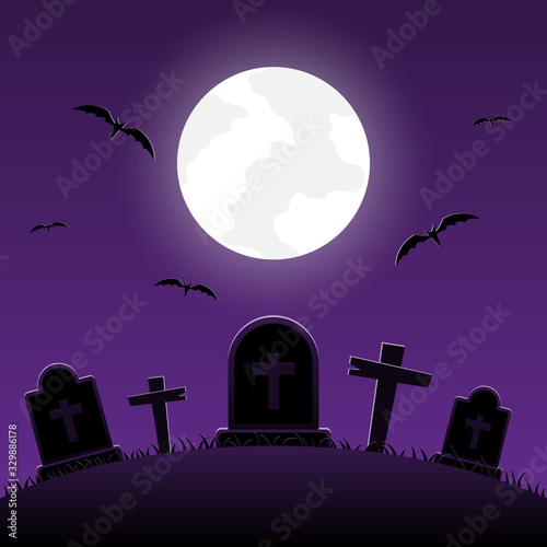 Halloween night, graveyard with cross on moonlight background, vector illustration