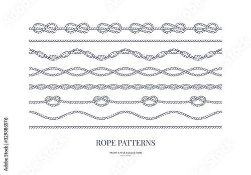 Set of nautical rope seamless patterns. Yacht style design. Vintage decorative elements. Template for prints, cards, fabrics, covers, flyers, menus, banners, posters and placard. Vector illustration.