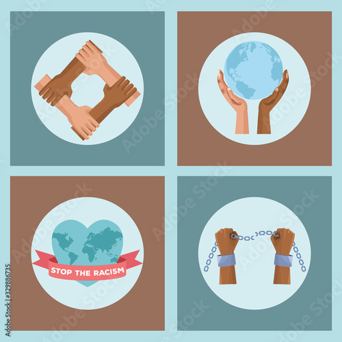 interracial hands with planet and handcuffs stop racism campaign