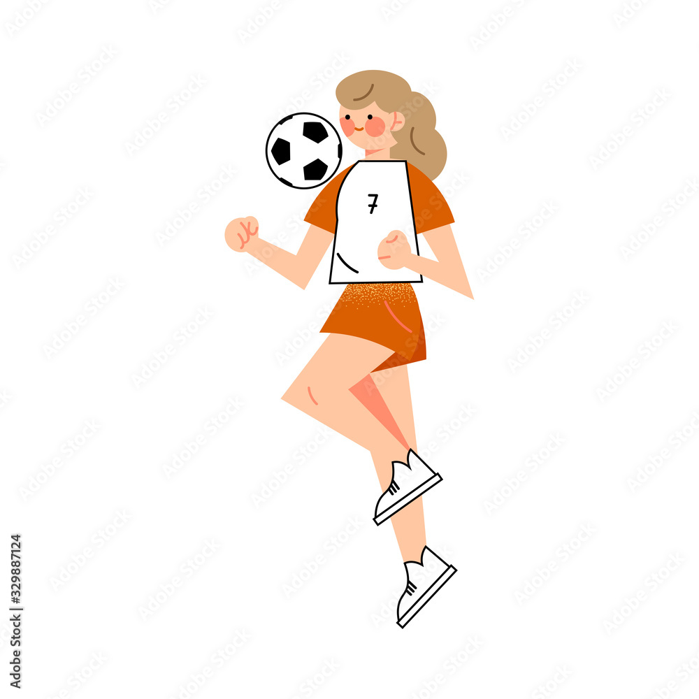 Female soccer player in the red shorts kicking the ball left side view. Vector illustration in flat cartoon style. Female soccer player in the red shorts kicking the ball left side view. Vector illustration in flat cartoon style.