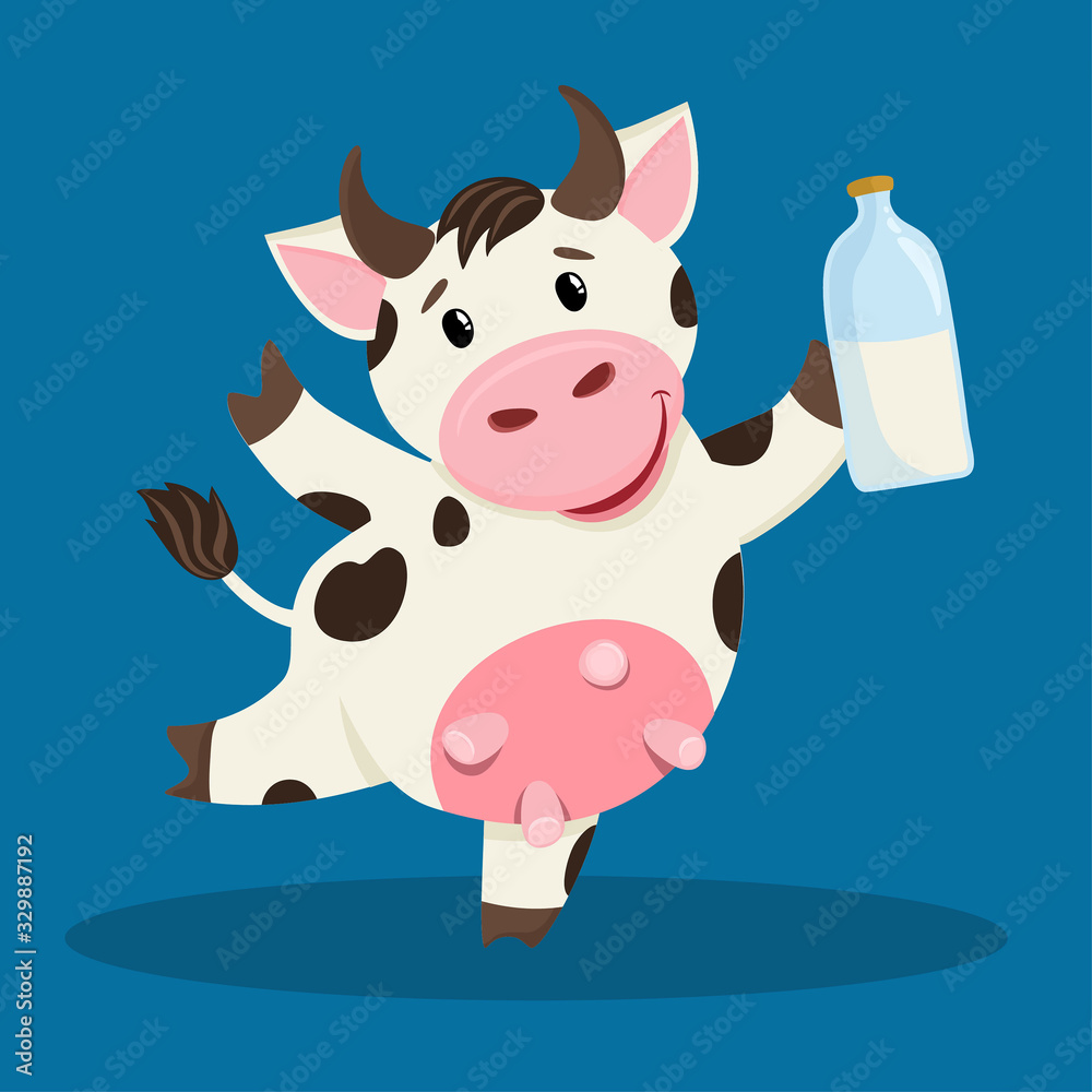 Cute cow smiles and holds milk in her hands. Spotted pet for advertising dairy products, children's literature, postcards and any designs. Cute cow smiles and holds milk in her hands. Spotted pet for advertising dairy products, children's literature, postcards and any designs.